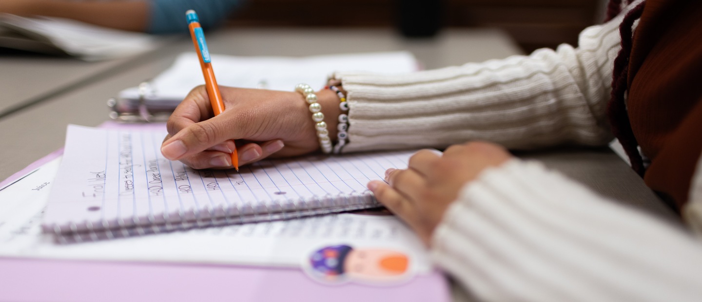 A closeup of hand holding pencil writing in a notebook.