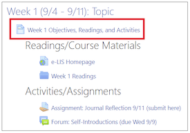 Example of including segments of a syllabus in each week's block on Moodle