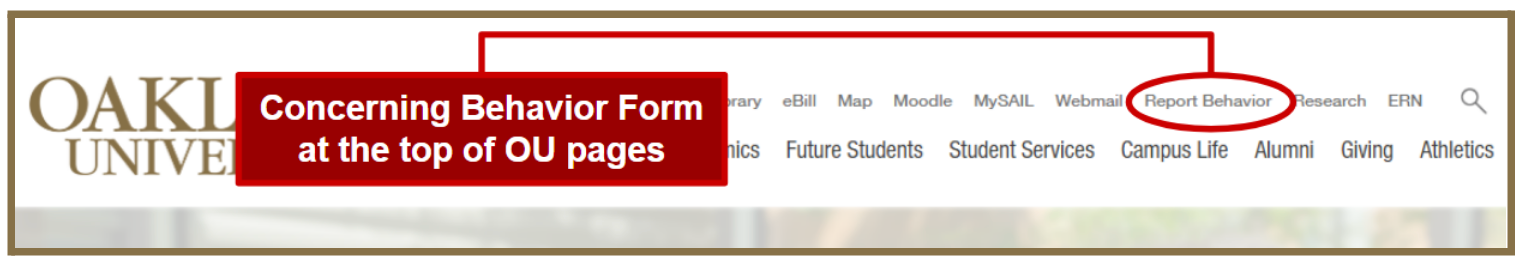 A screenshot of where to locate the link to report behavior on the oakland.edu website top navigation.