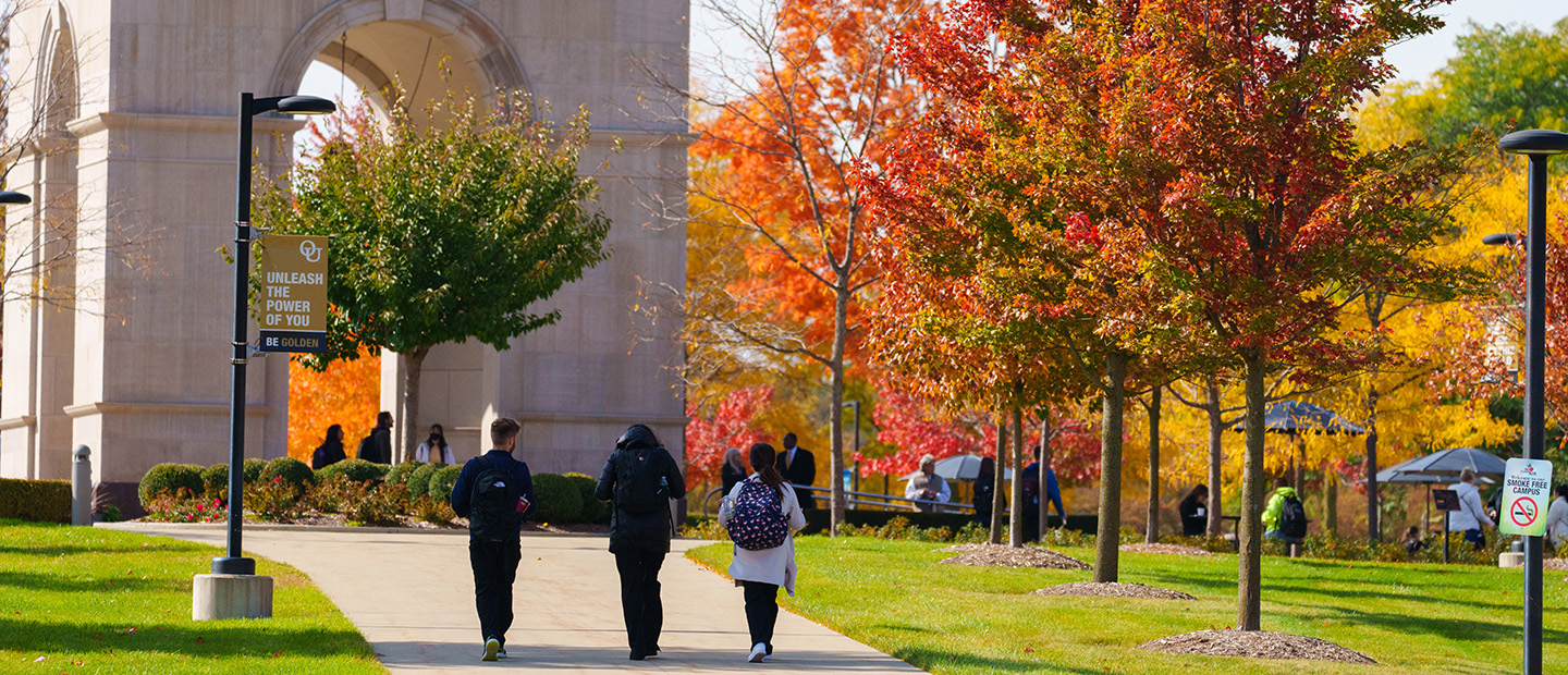 University Resources Students walking on Oakland University's campus in fall