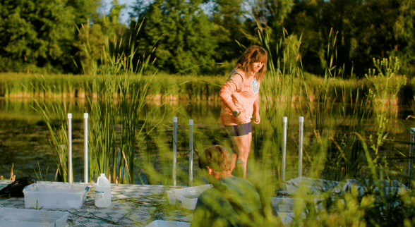 Two researchers gather water samples from a pond.