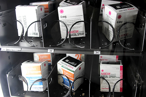 Closeup of Narcan in vending machine.
