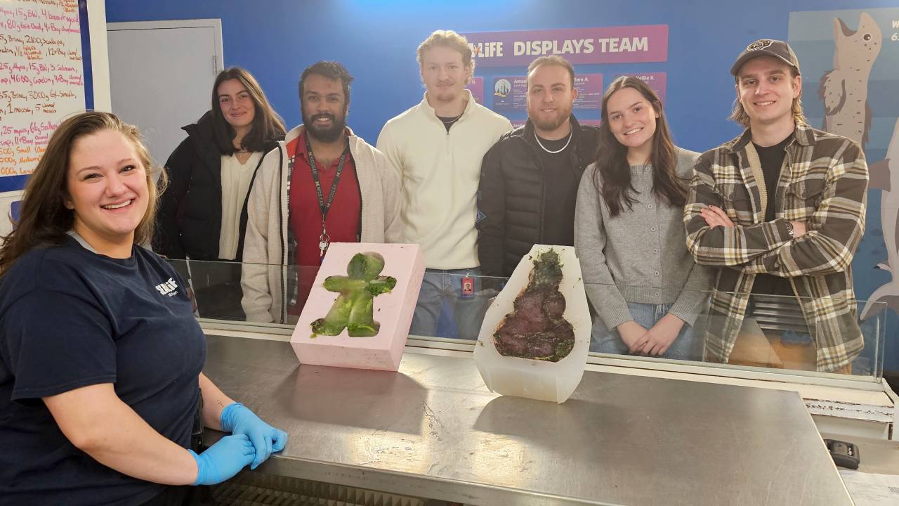 Sea Life Aquarist and OU Biology alumna Sam Averitt with OU SECS students