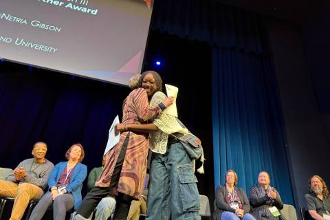 DeNetria Gibson receives the Irene Ryan Selectors Partner Award at KCACTF