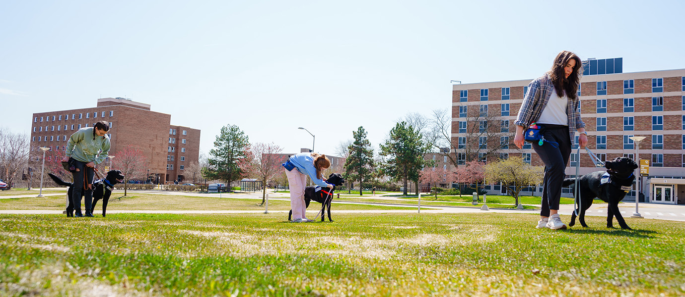 Three students with leader dogs