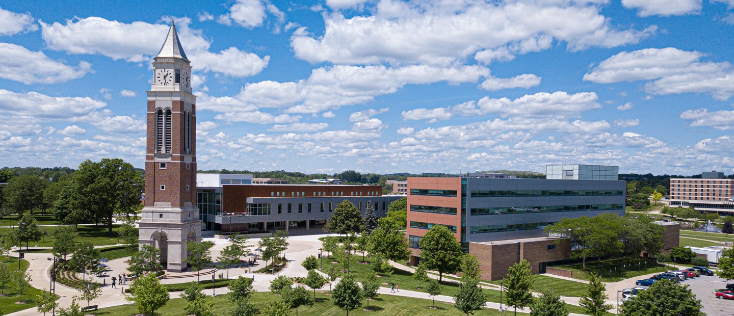 aerial photo of Oakland University featuring Elliott clock tower