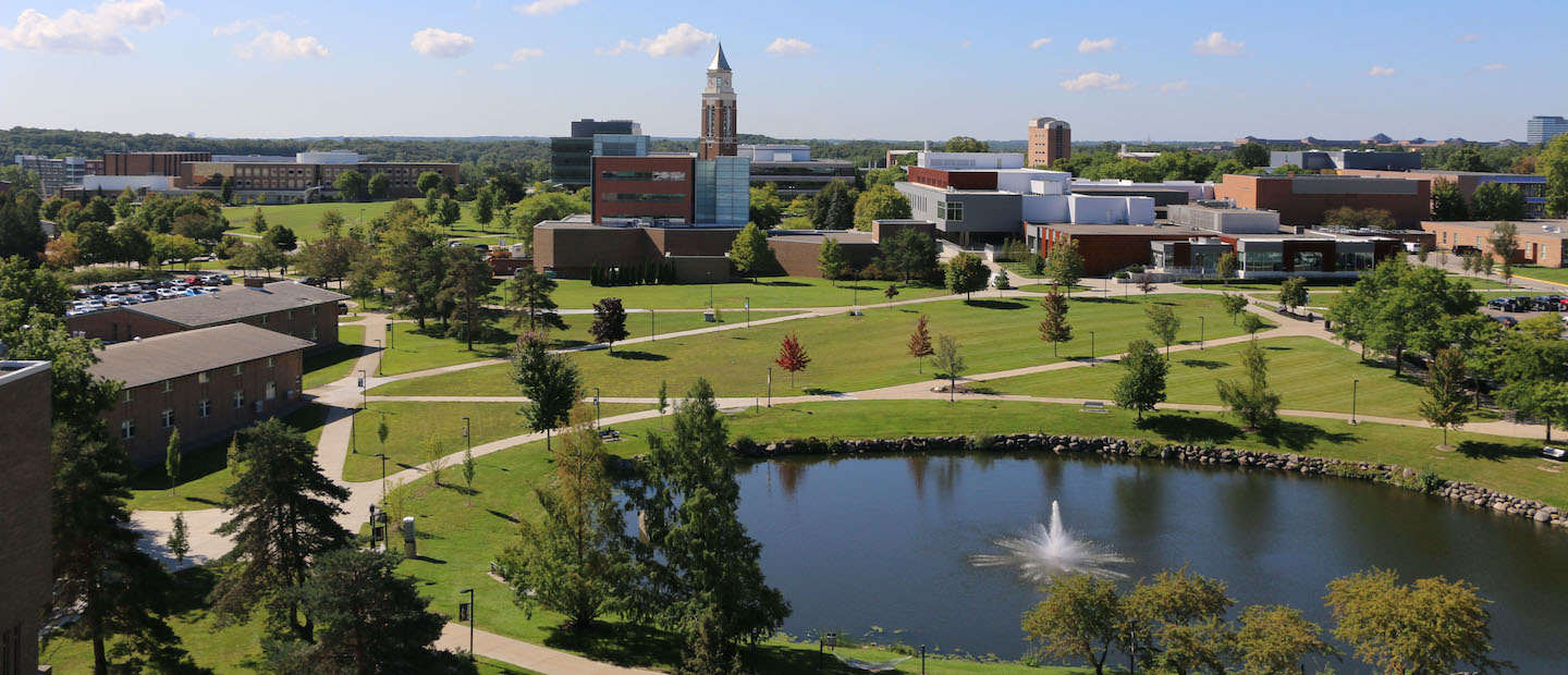 An aerial photo of Oakland University's campus