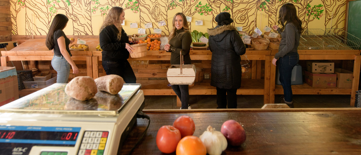 Women shopping at a farmer's market.