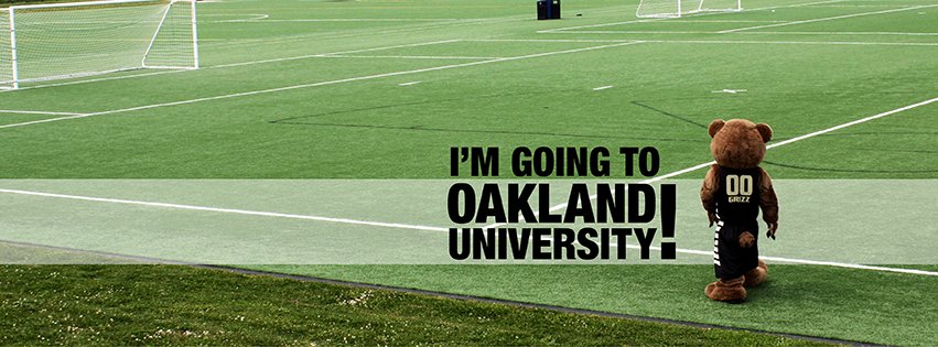 The Grizz O U's bear mascot walking on football field with text reading I'm going to Oakland University