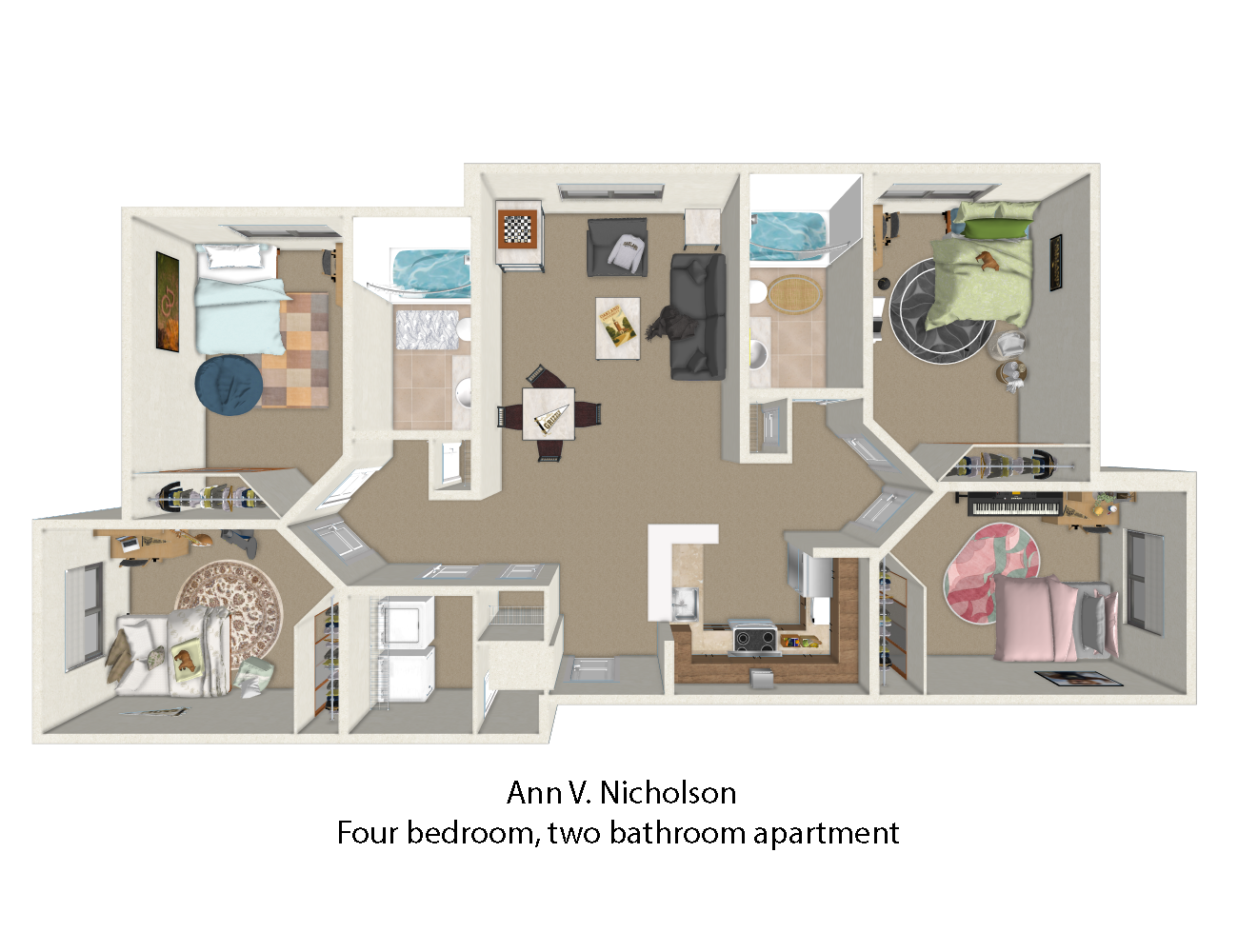 The unit-layout is presented as a horizontal rectangle with protruding rooms on the bottom left and right sides. The rectangle is split into 10 primary sections. The entrance to the unit is located in the middle of the rectangle on the bottom of the layout. Directly above the entrance is a small entryway and foyer. Above the foyer is a living area. The living area and foyer vertically bisect the