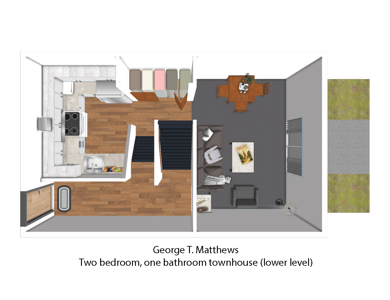 The unit-layout is presented using three horizontal rectangles. Each rectangle represents a level of the apartment layout. The layouts establish that each George T. Matthews apartment is made up of four levels. The first Image has 3 main sections. The left half of the image contains the main entrance to the unit on the bottom left, with a hallway leading to the right. This hallway overlooks the