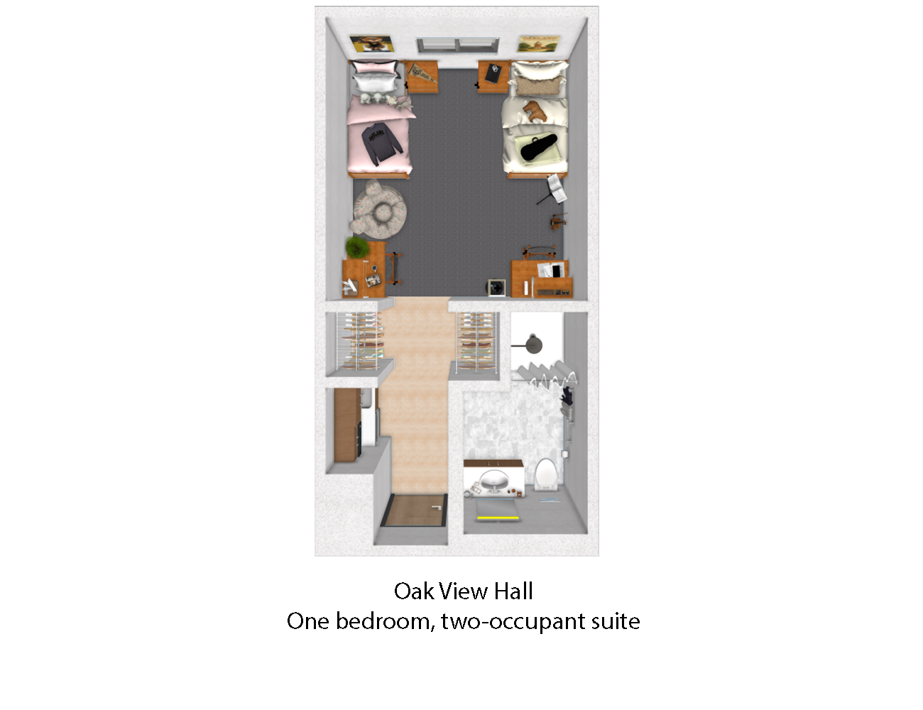 The suite layout is presented as a vertical rectangle. At the bottom half of the rectangle is the entrance to the suite, which is presented as a wide hallway. On the right side of the hallway, by the entrance, is the suite’s shared bathroom.  On the left side of the hallway by the entrance is the suite’s kitchenette. Farther down the hallway, past the kitchenette and bathrooms, are two closet ar